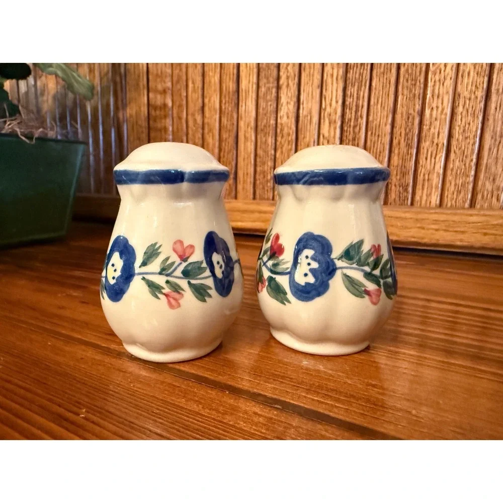 Vintage Blue Floral Salt & Pepper Shakers Hand Painted Ceramic Japan Style